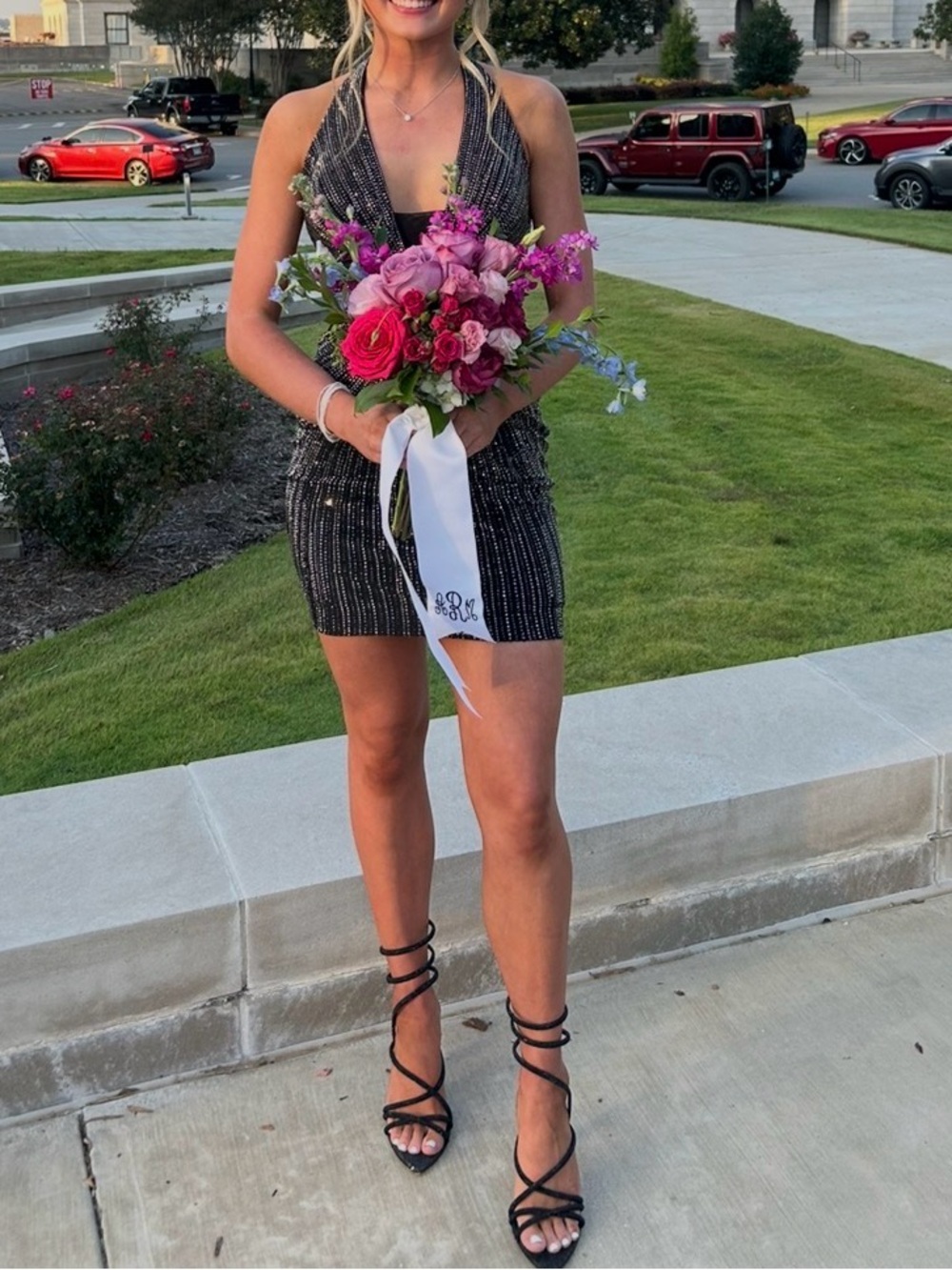 Sherri Hill Black Beaded Halter Mini Dress with Silver Accents